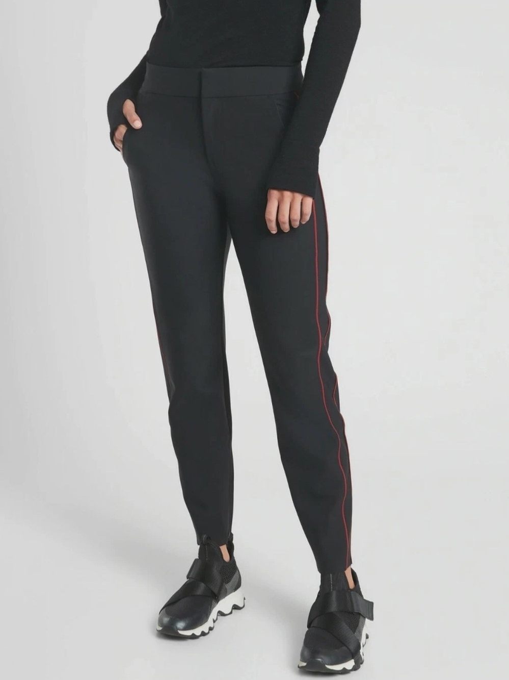 Athleta Stellar Novelty Trouser 12P Black Red Stripe Stretch Pants